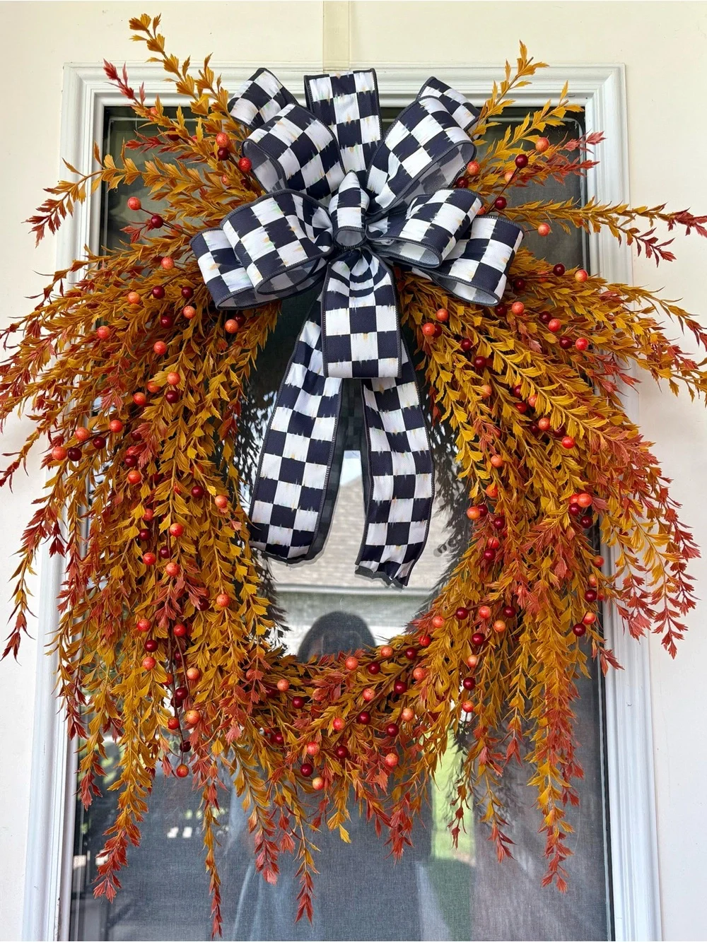 Autumn Harvest Fall Wreath with Black & White Check Bow